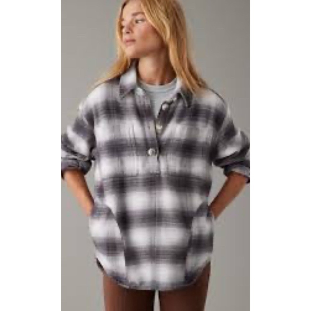 American Eagle Pull Over Flannel Shirt 1/4 Button Oversized Long Sz XL Grunge